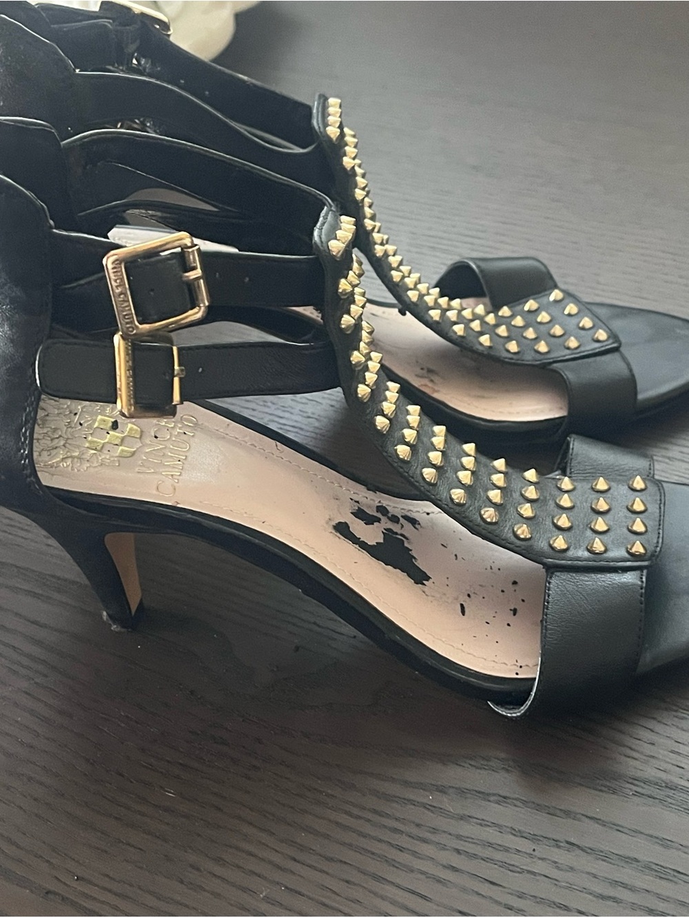 Vince Camuto Black Studded Strappy Heels with Gold Accents